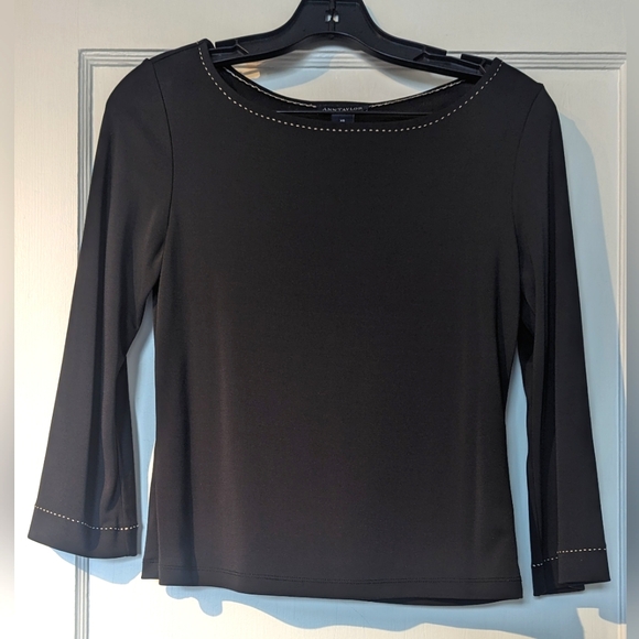 Ann Taylor Dark Brown Boat Neck Blouse/Skirt. White Stitching Detailing. Vintage - Picture 3 of 16